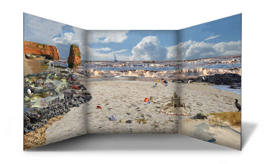 A classroom or nursery scene setter of an inviting sandy beach scene and bay, complete with rockpool and beach creatures for children to find! Great for immersive and imaginative role play. Great for talking about holidays and beach fun and safety by the sea. The freestanding scene setter can be used inside & outside. Made from lightweight correx which is easy to clean and waterproof. The scene setter folds away easily for storage and folds out simply and quickly for set up.