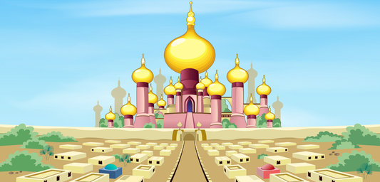 Bring the panto to you! This Aladdin style palace backdrop sets the scene for plays, fun in the classroom or even at home. What could be cuter than doing a small family play for relatives whether in person or by Zoom? Just add your own lamp and genie! Printed on heavyweight vinyl which can be easily rolled for convenient storage. The backdrop has 8 brass eyelets for hanging from the wall or ceiling.