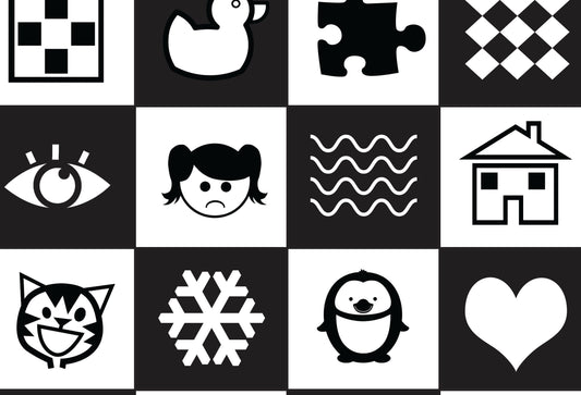 Designed primarily for use with babies for sensory play. This Play Mat features a strong contrast of black and white to stimulate the development of the optic nerves. Learning to focus on these images encourages the eye muscles and brain to coordinate and function. Size - 85cm x 130cm Printed onto a high quality, durable vinyl material that rolls away easily for storage purposes.