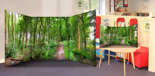 A classroom or nursery scene setter of a vibrant beautiful green forest and path, complete with hidden forest animals and plants for children to find! Great for immersive and imaginative role play. The freestanding scene setter can be used inside & outside. Made from lightweight correx which is easy to clean and waterproof. The scene setter folds away easily for storage and folds out simply and quickly for set up.