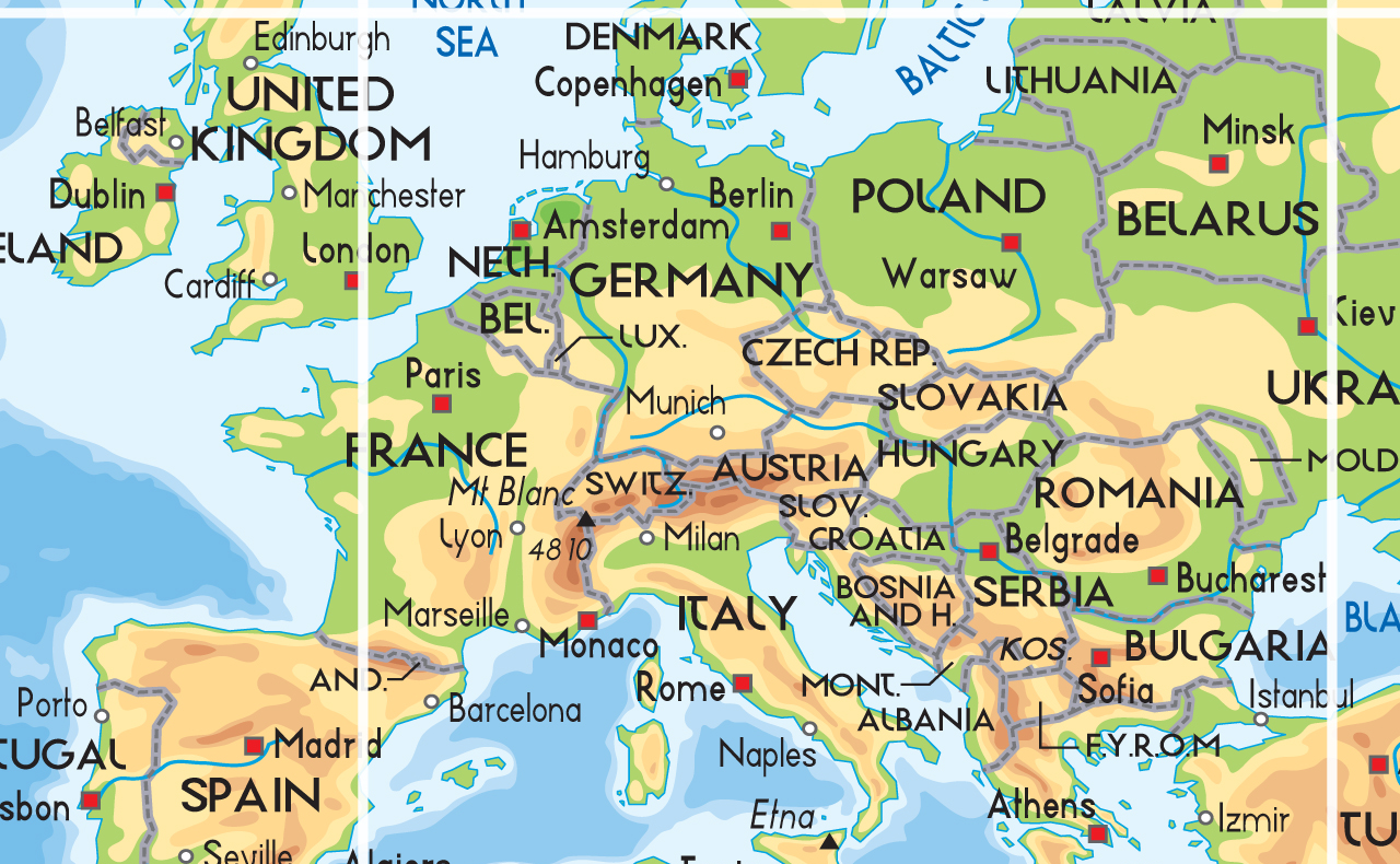 This is a detailed map of the world is suitable for use with programmable floor robots such as Bee-Bots. It features a 15 cm grid overlay, place names and images relating to each country and can be used on the floor individually or as a group in the classroom.