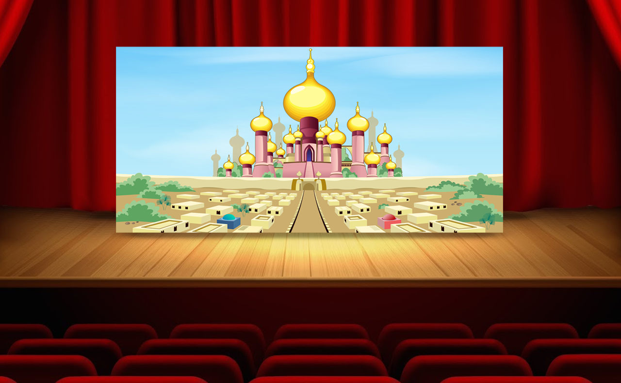Bring the panto to you! This Aladdin style palace backdrop sets the scene for plays, fun in the classroom or even at home. What could be cuter than doing a small family play for relatives whether in person or by Zoom? Just add your own lamp and genie! Printed on heavyweight vinyl which can be easily rolled for convenient storage. The backdrop has 8 brass eyelets for hanging from the wall or ceiling.