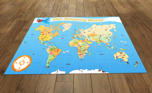 This illustrated map of the world is suitable for use with programmable floor robots such as Bee-Bots. It features a 15 cm grid overlay, place names and images relating to each country and can be used on the floor individually or as a group in the classroom. 120 x 180 cm A Bee-Bot is a small programmable robot which introduces children to the concept of teaching directional language and creating simple programs. Children can develop, test, debug and retest sequences of code to reach their aims.