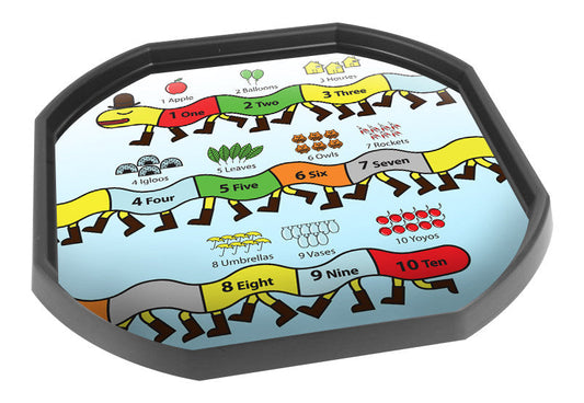 This educational 1-10 Centipede Number Line mat is ideal for use with a Tuff Tray. The 1-10 number line encourages numeracy and visually represents the numbers using groups of familiar objects. Printed onto a high quality, durable vinyl material. 86cm x 86cm (approx ) Designed to fit in the Mini Tuff Tray or the Tuff Spot.