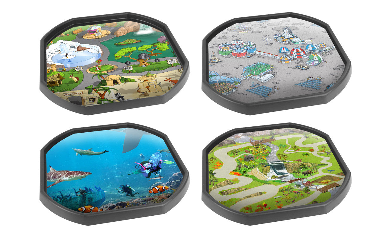 This bundle of four mats is ideal for use with a Tuff Tray. They're perfect for individual or small group play. The trays enable children to add water, toys, sand, pebbles and leaves to create interesting small environments. Included in this bundle is: Alphabet Zoo Space Station Underwater World The Lost World