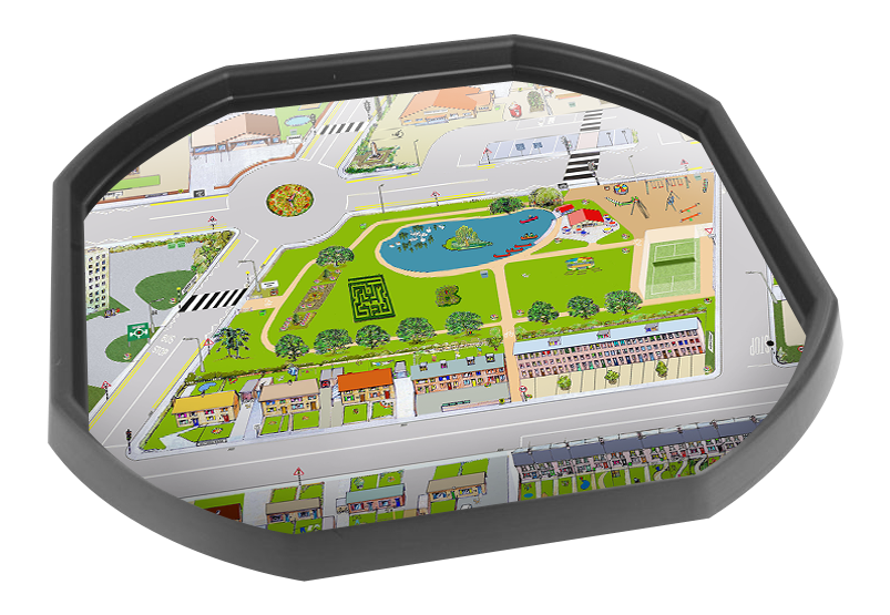 The Bramble Town Tuff Tray Mat depicts an inviting town with a park, playground, rows of houses, a post office, health centre and nursery school, connected by roads to drive toy vehicles along. Printed onto a high quality, durable vinyl material. 86cm x 86cm (approx ) Designed to fit in the Tuff Tray or the Tuff Spot.