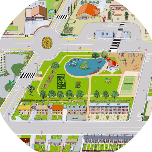 The Bramble Town Tuff Tray Mat depicts an inviting town with a park, playground, rows of houses, a post office, health centre and nursery school, connected by roads to drive toy vehicles along. Printed onto a high quality, durable vinyl material. 86cm x 86cm (approx ) Designed to fit in the Tuff Tray or the Tuff Spot.