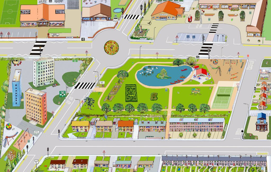 This colourful and busy Teach & Play mat encourages children to develop their observation and communication skills. Including different house types, local shops, a school, a nursery and street furniture the children can compare and contrast this ‘small world’ with their local area. Through talk, play and activities from the included teacher’s notes, children learn about Houses and Homes, Road Safety, Journeys, Posting Letters as well as Number and Print in the environment.