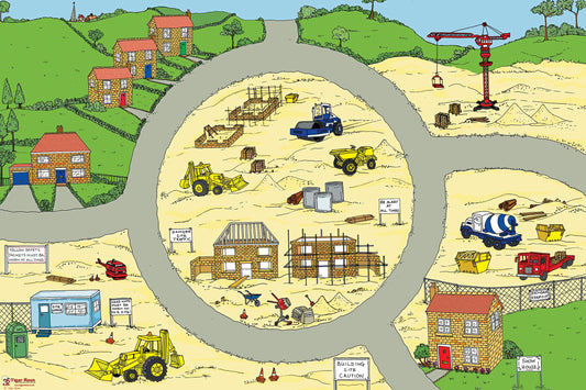 A play mat that includes all the features you would find on a building site. Children can explore the site, designed to be visually stimulating, inspiring and encouraging imaginative play in both small groups and in individual play. Size - 240cm x 160cm Printed onto heavy weight vinyl and easily rolled for storage.