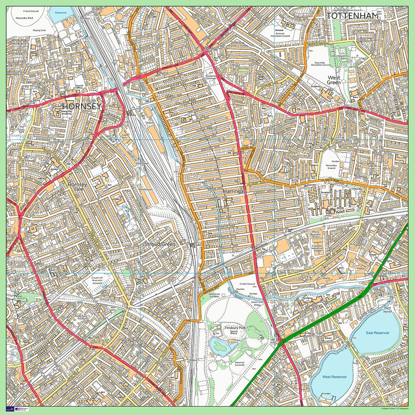 Postcode Centred Mounted Ordnance Survey Street Map - 1x1m Size - 3x3km Area
