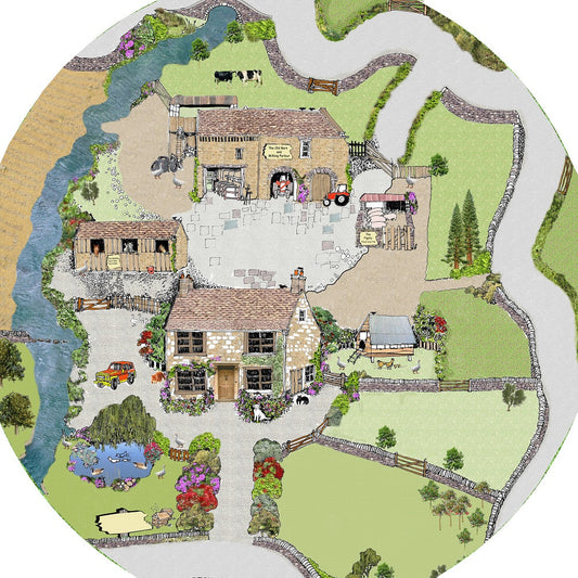 Sally's Farm tuff tray mat features a classic farm house, the old barn and milking parlour, duck pond, pig sty, hen coop, tractor and stables all in a rural setting. Perfect for individual or small group imaginative play.