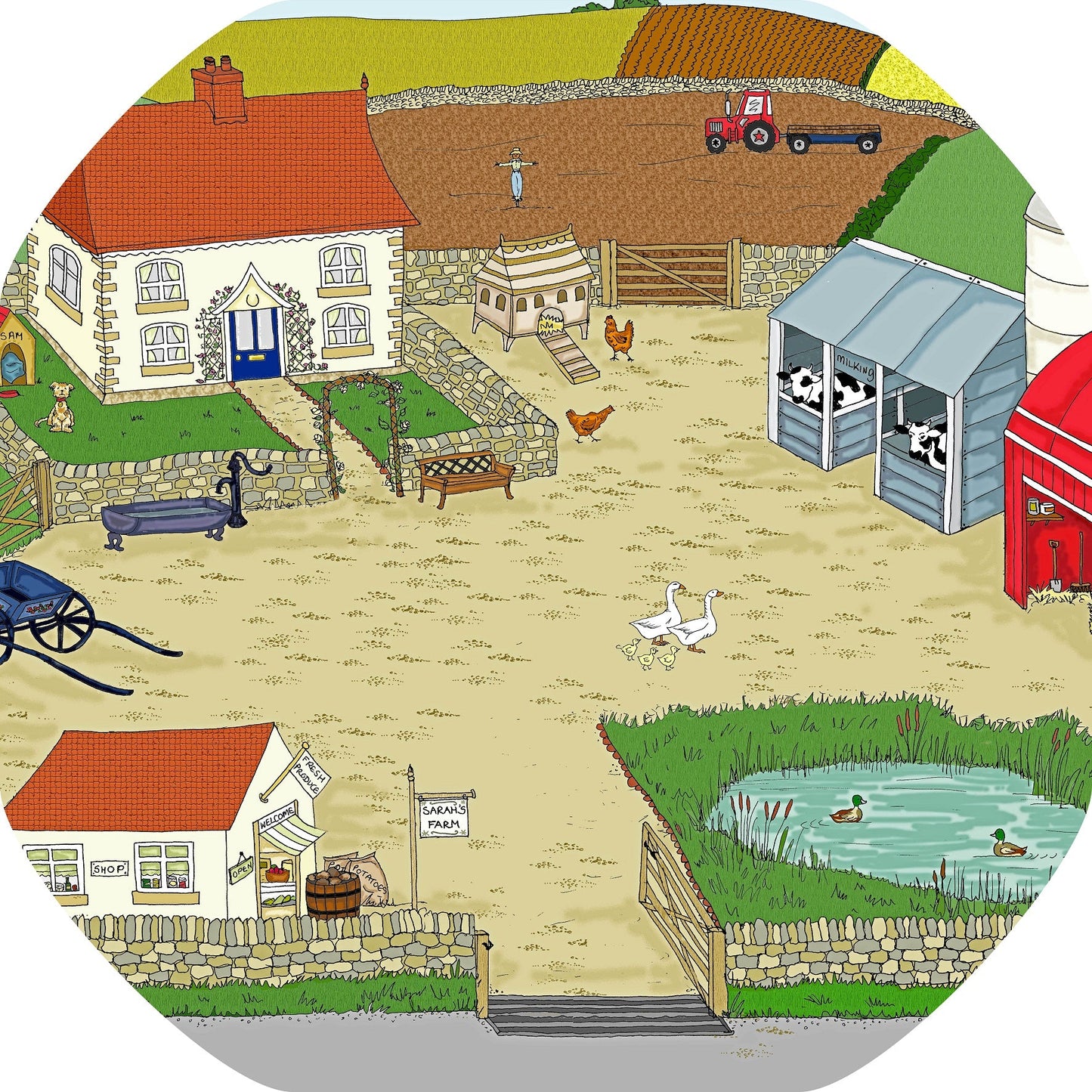The Sarah's Farm tuff tray mat features farm animals, a farm shop, duck pond, tractor and stables all in a rural setting. Perfect for individual or small group imaginative play. Designed to fit in the Tuff Tray or the Tuff Spot.
