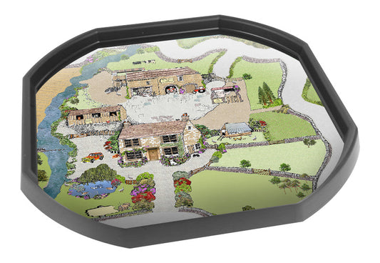 Sally's Countryside tuff tray mat features a classic farm house, the old barn and milking parlour, duck pond, pig sty, hen coop, tractor and stables all in a rural setting. Perfect for individual or small group imaginative play.