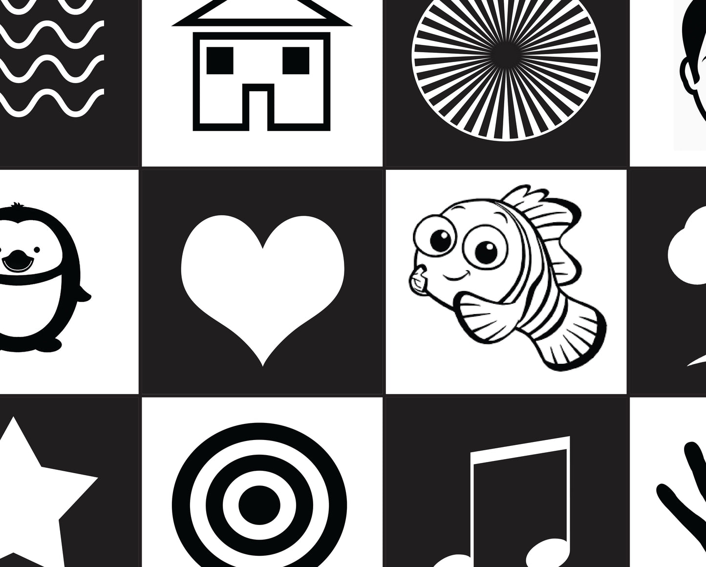 Designed primarily for use with babies for sensory play. This Play Mat features a strong contrast of black and white to stimulate the development of the optic nerves. Learning to focus on these images encourages the eye muscles and brain to coordinate and function. Size - 85cm x 130cm Printed onto a high quality, durable vinyl material that rolls away easily for storage purposes.
