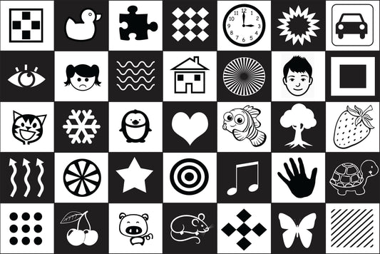 Designed primarily for use with babies for sensory play. This Play Mat features a strong contrast of black and white to stimulate the development of the optic nerves. Learning to focus on these images encourages the eye muscles and brain to coordinate and function. Size - 85cm x 130cm Printed onto a high quality, durable vinyl material that rolls away easily for storage purposes.