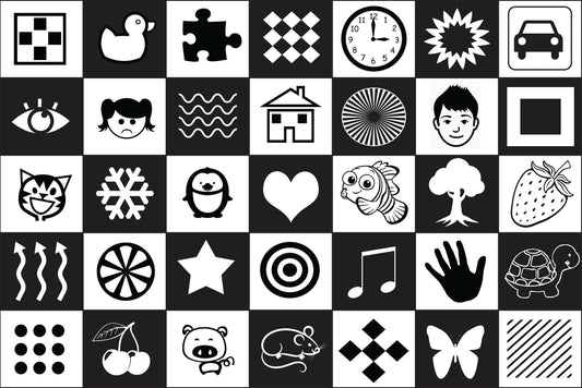 Designed primarily for use with babies for sensory play. This Tuff Tray Mat features a strong contrast of black and white to stimulate the development of the optic nerves. Learning to focus on these images encourages the eye muscles and brain to coordinate and function properly. Size - 240cm x 160cm Printed onto heavy weight vinyl and easily rolled for storage.