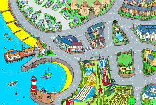 Welcome to the seaside! Children will delight in racing cars around this colourful seaside floor mat. From the beach to the funfair this floor mat will spark conversation and encourages children to recount past holiday experiences. Size - 240cm x 160cm Printed onto heavy weight vinyl and easily rolled for storage.