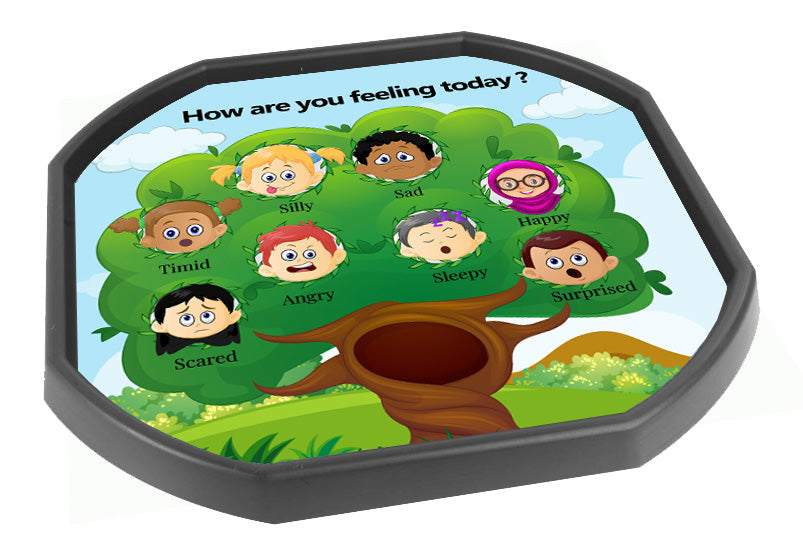 This educational emotion tree mat is ideal for use with a Mini Tuff Tray. It can be used to encourage children to identify and express their emotions, helping them to explain and cope with difficult situations and empathise with others. Emotions shown are: Timid Silly Sad Happy Scared Angry Sleepy Surprised