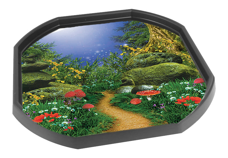 The Fairytale Woodland mat is ideal for use with a Tuff Tray. It features a magical pathway lined by toadstools leading to an enchanted woods perfect for individual or small group play. Printed onto a high quality, durable vinyl material. 86cm x 86cm (approx ) Designed to fit in the Tuff Tray or the Tuff Spot.