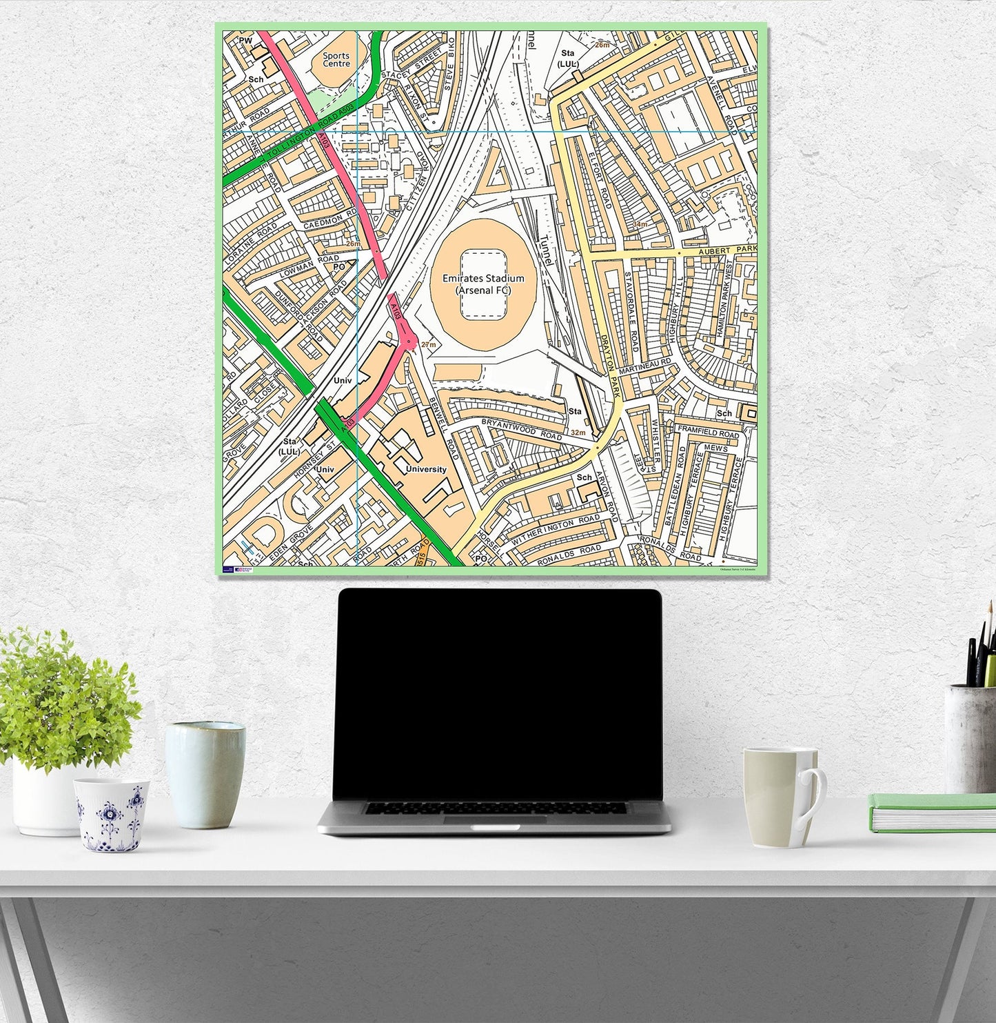 Postcode Centred Mounted Ordnance Survey Street Map - 1x1m Size - 1x1km Area