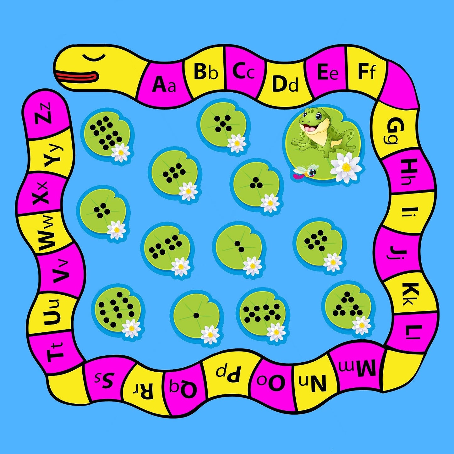 Alphabet Snake & Number Lily Pads Mat is ideal for use with our Tiger Play Tray. Early literacy and numeracy in one mini tuff tray mat! The alphabet snake introduces early letter recognition and the lily pads have number dot formations from 1-12. Hop from pad to pad to encourage early numeracy and addition, or find or think of words beginning with the letters on the alphabet snake!