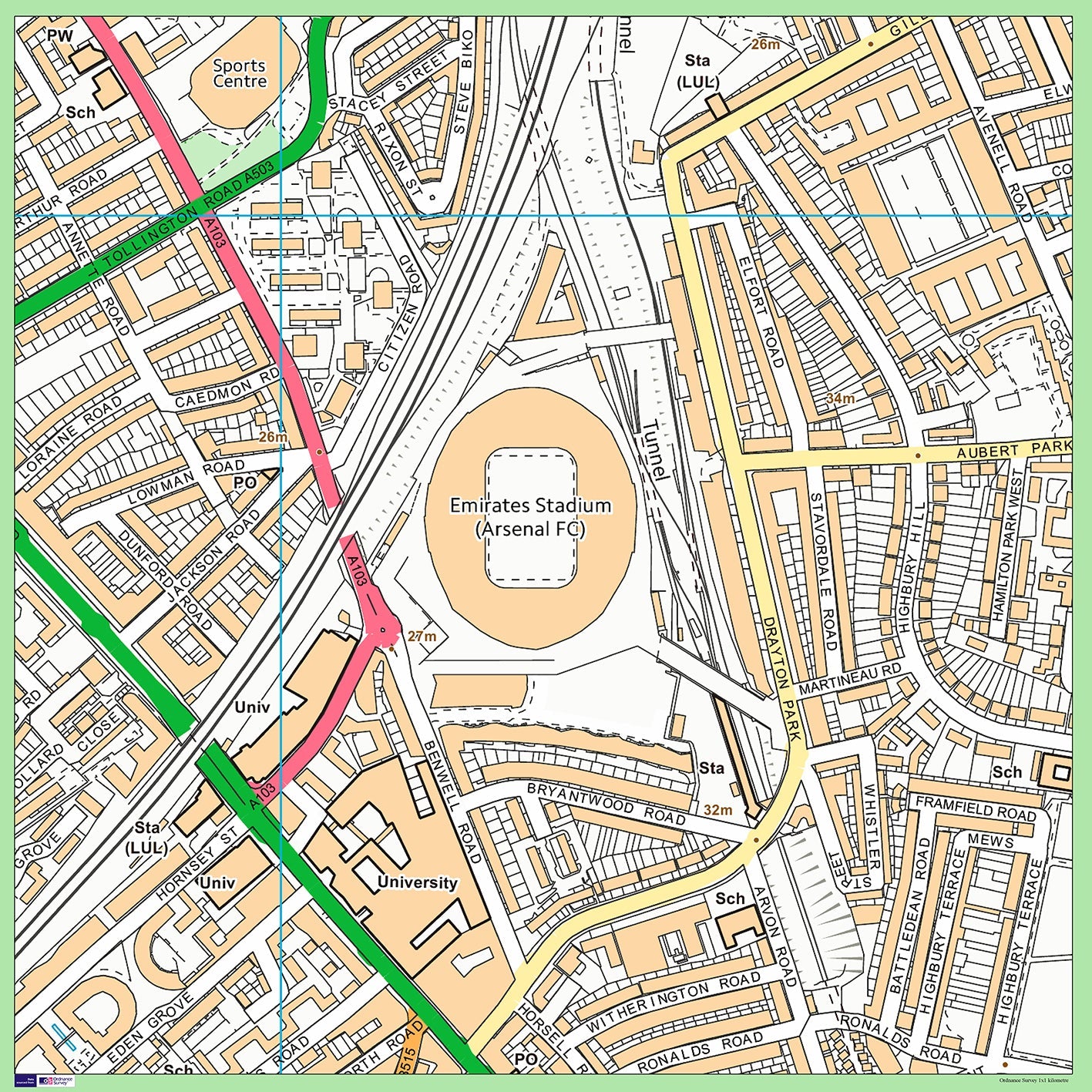 Postcode Centred Mounted Ordnance Survey Street Map - 1x1m Size - 1x1km Area