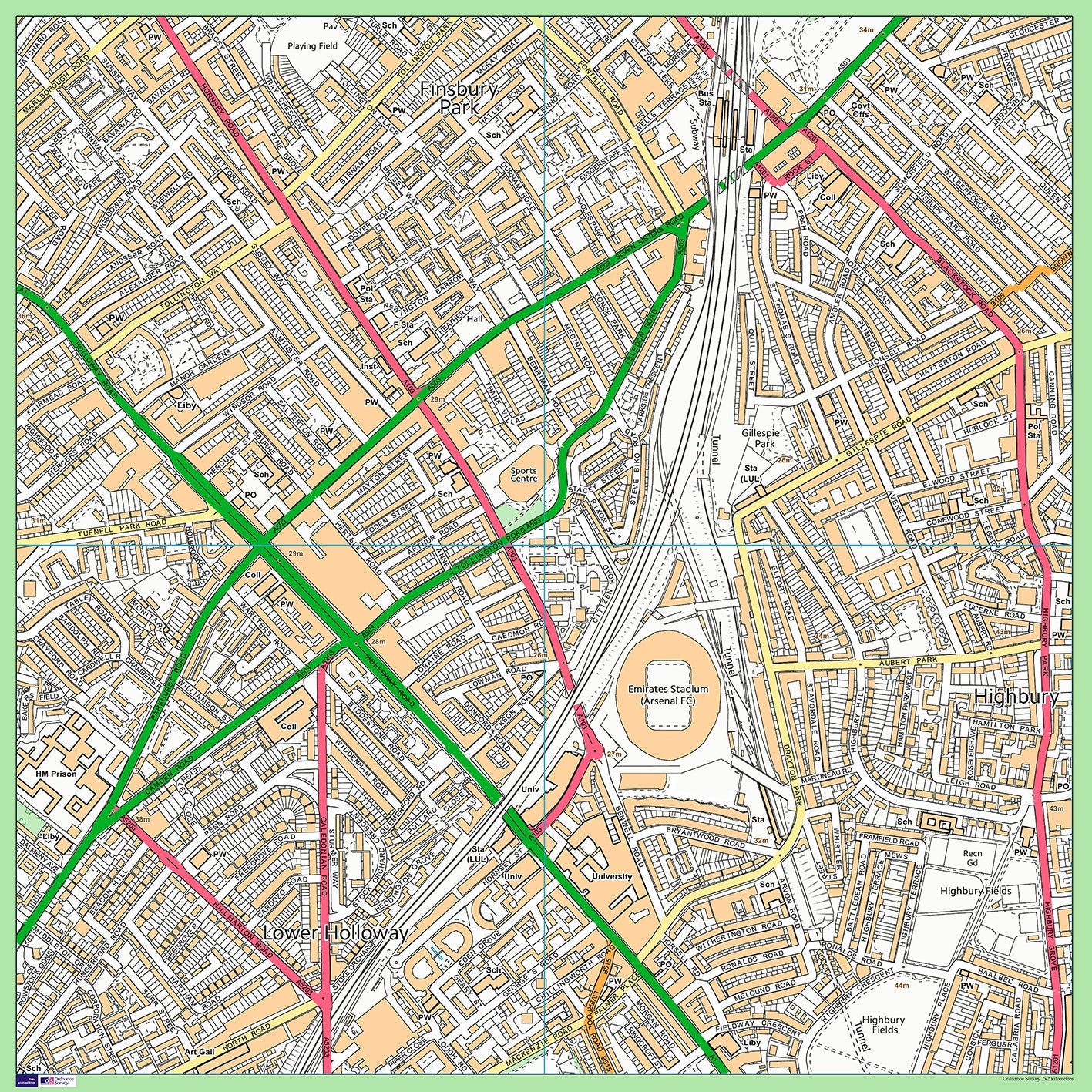 Postcode Centred Mounted Ordnance Survey Street Map - 1x1m Size - 2x2km Area