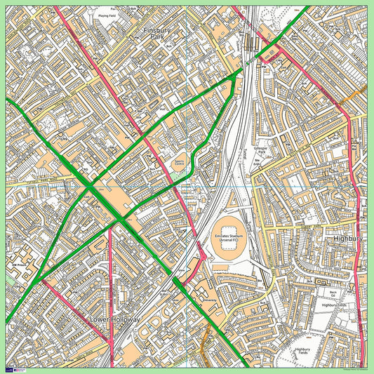 Postcode Centred Mounted Ordnance Survey Street Map - 1x1m Size - 2x2km Area
