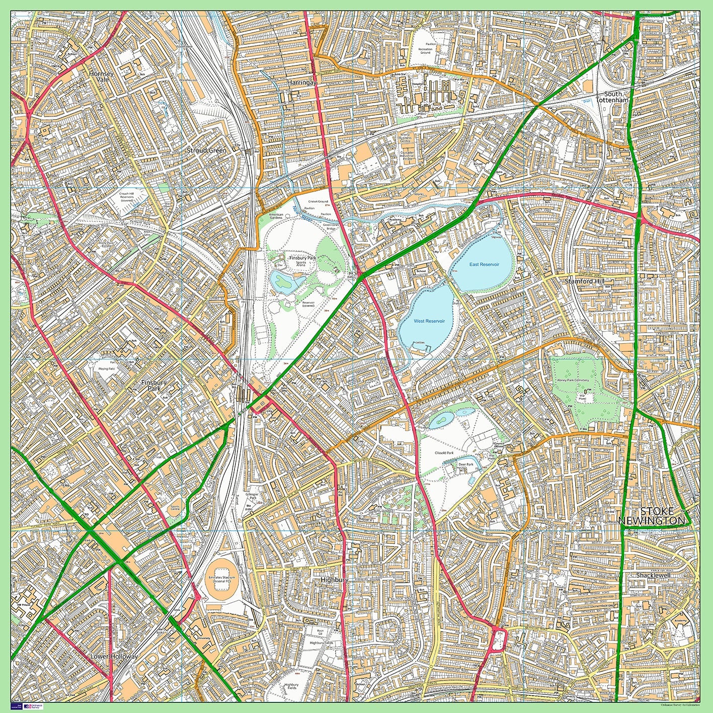 Postcode Centred Mounted Ordnance Survey Street Map Size (120x120cm) 4x4km Area