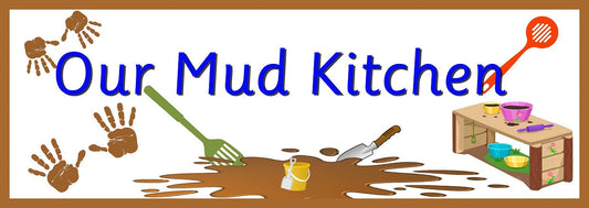 Designed for outdoor play areas, the Our Mud Kitchen banner is made of heavy duty weatherproof vinyl and comes with brass eyelets so it can be easily hung outside. Useful to designate play areas in preschool, nurseries and primary school playgrounds. Available in 2 sizes.