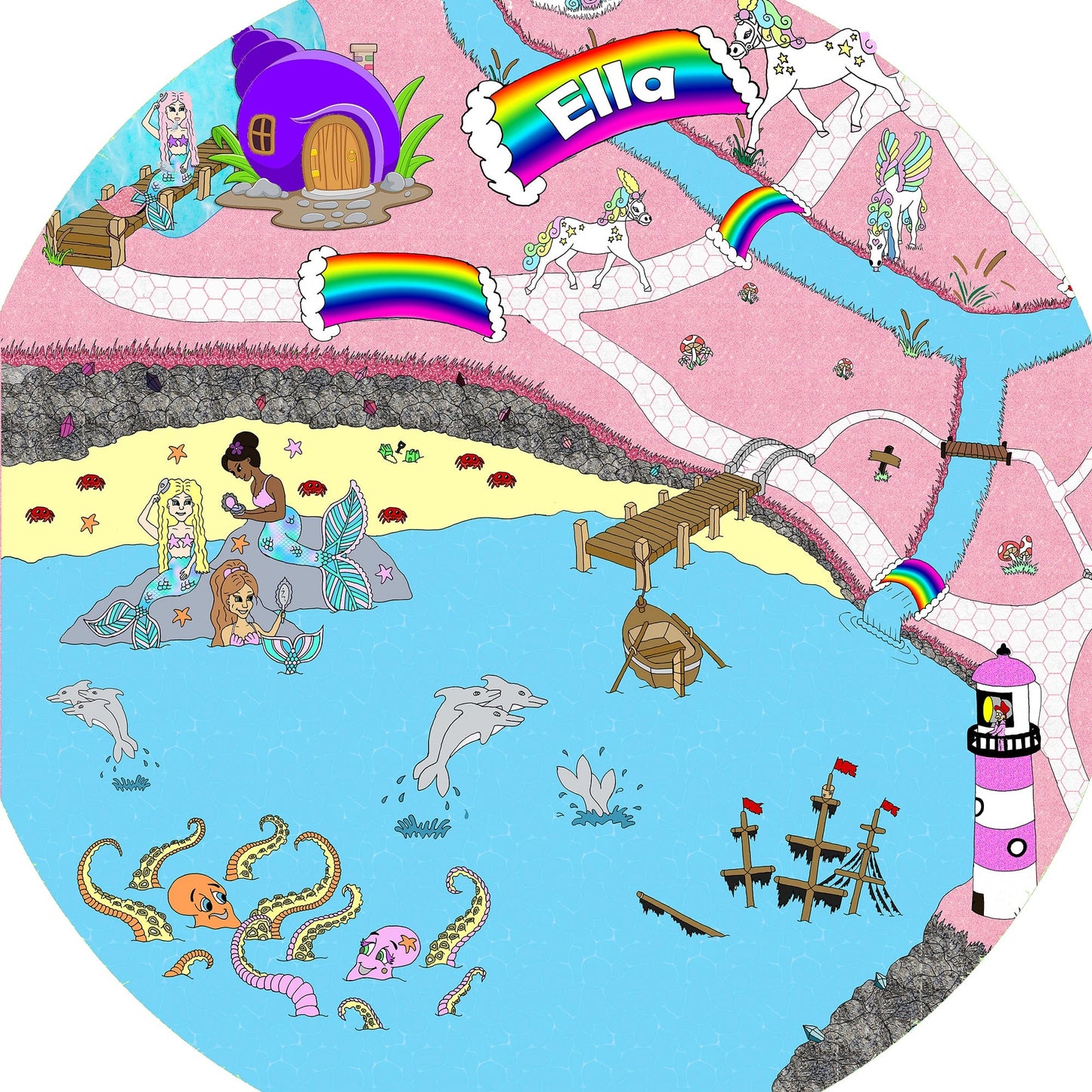 The personalised Mermaid Lagoon mat is ideal for use with a Tuff Tray and features your child's name on a rainbow! Swim in lagoons with mermaids in enchanted worlds, with unicorns, a shell house, dolphins, a lighthouse and rainbow bridges. Ideal for imaginative play!