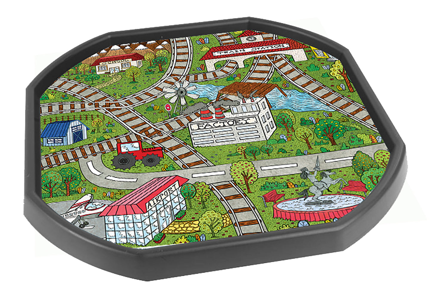 Train town and railway - Standard Tuff Tray Mat: 86cm x 86cm (approx) Designed to fit in the Tuff Tray or the Tuff Spot.