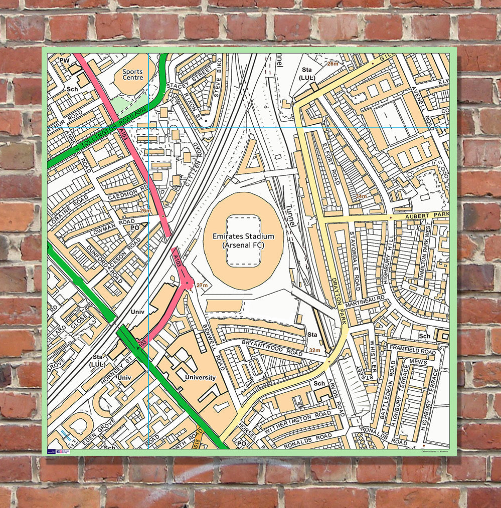 Postcode Centred Mounted Ordnance Survey Street Map - 1x1m Size - 1x1km Area