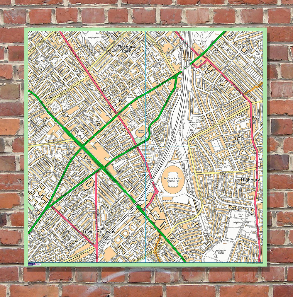 Postcode Centred Mounted Ordnance Survey Street Map - 1x1m Size - 2x2km Area