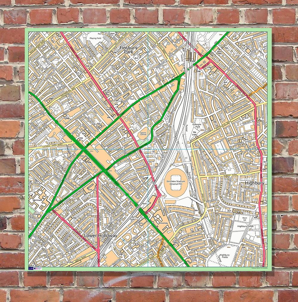 Postcode Centred Vinyl Ordnance Survey Street Map - 1x1m Size - 2x2km Area