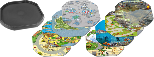 This bundle of a Tuff Tray and eight mats is perfect for individual or small group play. The trays enable children to add water, toys, sand, pebbles and leaves to create interesting small environments. Included in this bundle is: One Black Tray Space Station Mat Pirate Island Mat Pirate Scene Mat Building Site Mat Rock Pool Lost World Underwater Scene Alphabet Zoo