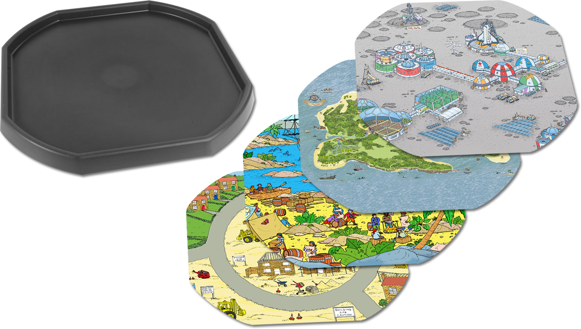 This bundle of a Tuff Tray and four mats is perfect for individual or small group play. The trays enable children to add water, toys, sand, pebbles and leaves to create interesting small environments. Included in this bundle is: One Black Tray Space Station Mat Pirate Island Mat Pirate Scene Mat Building Site Mat