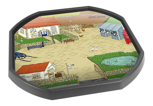 The Sarah's Farm tuff tray mat features farm animals, a farm shop, duck pond, tractor and stables all in a rural setting. Perfect for individual or small group imaginative play.  Designed to fit in the Tuff Tray or the Tuff Spot.