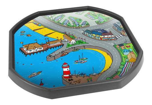 The Charlotte's Cove mat is ideal for use with a Tuff Tray. Explore the castle, the pier, the funfair and the lighthouse. Drive toys cars around to see the sites and take toy people to the beach.  Printed onto a high quality, durable vinyl material.  86cm x 86cm (approx )  Designed to fit in the Tuff Tray or the Tuff Spot.