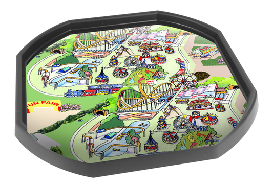 This Fairground mat is ideal for use with a mini Tuff Tray. It features roller coasters, a boating lake and crazy golf. All the fun of the fair and perfect for individual or small group play.  Printed onto a high quality, durable vinyl material.  86cm x 86cm (approx )  Designed to fit in the Tuff Tray or the Tuff Spot.