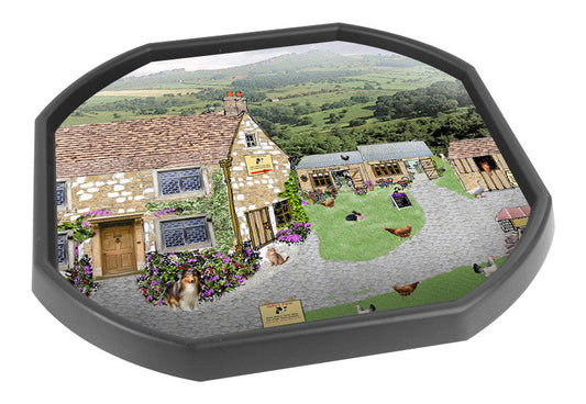 The Sally's Farm tuff tray mat features farm animals, a farm shop, tearoom and stables all in a hilly rural setting. Perfect for individual or small group imaginative play. Designed to fit in the Tuff Tray or the Tuff Spot.