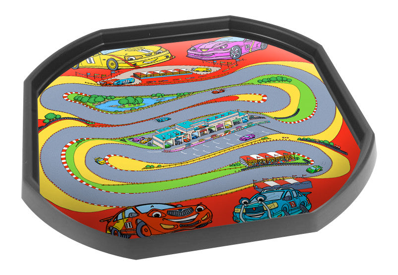 The Racing Car tuff tray mat features a winding race track with sports cars and pit stops. Perfect for individual racing or small group imaginative play. Designed to fit in the Tuff Tray or the Tuff Spot.