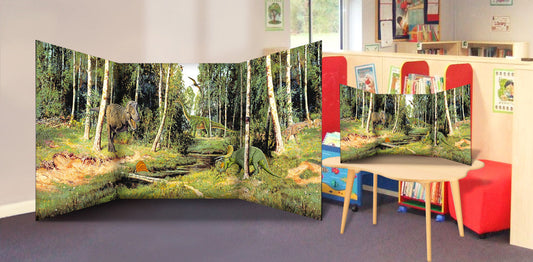 A classroom or nursery scene setter of an exciting dinosaur scene, complete with a range of dinosaurs for children to find in a natural habitat! Great for immersive and imaginative role play. Great for talking about types of dinosaur, when and how they lived and how they fit in with the history of the world.