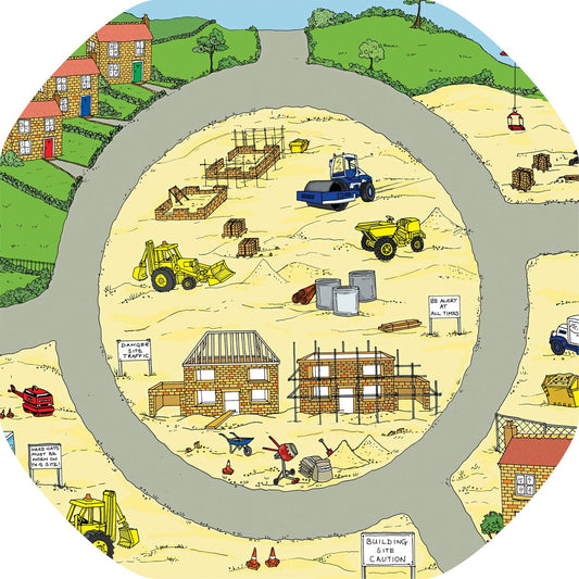 This Building Site Tuff Tray Mat is ideal for use with a Tuff Tray. See the stages of house building and add your own diggers, gravel and sand for imaginative play.  Printed onto a high quality, durable vinyl material.  86cm x 86cm (approx )  Designed to fit in the Tuff Tray or the Tuff Spot.