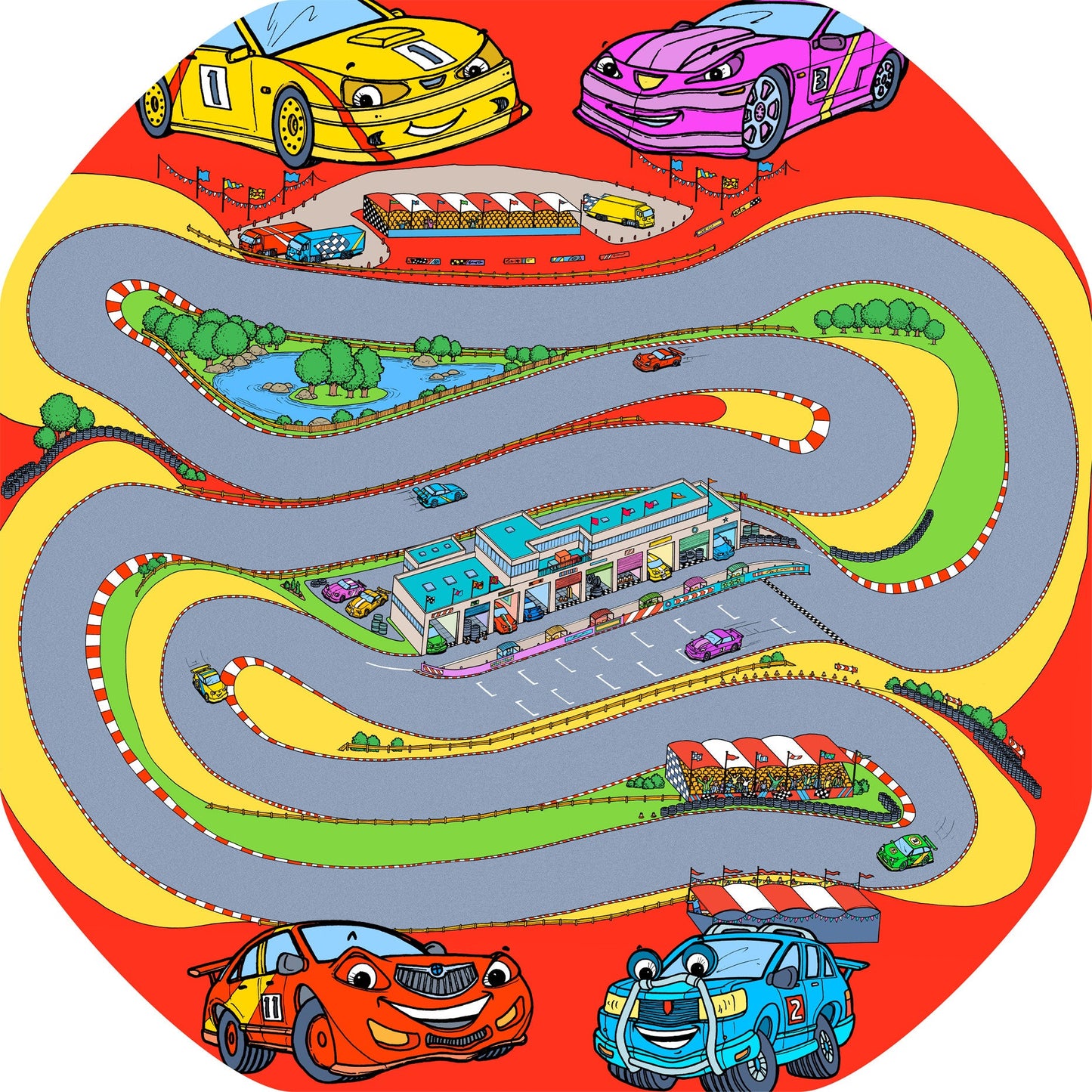 The Racing Car tuff tray mat features a winding race track with sports cars and pit stops. Perfect for individual racing or small group imaginative play. Designed to fit in the Tuff Tray or the Tuff Spot.