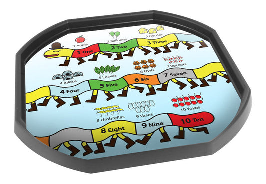 This educational 1-10 Centipede Number Line mat is ideal for use with a Tuff Tray. The 1-10 number line encourages numeracy and visually represents the numbers using groups of familiar objects.  Printed onto a high quality, durable vinyl material.  86cm x 86cm (approx )  Designed to fit in the Mini Tuff Tray or the Tuff Spot.