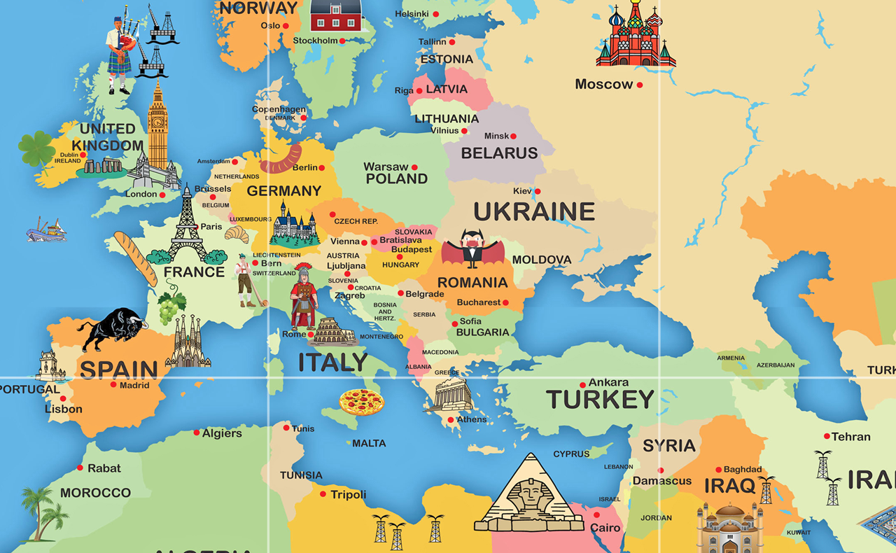 This illustrated map of the world is suitable for use with programmable floor robots such as Bee-Bots. It features a 15 cm grid overlay, place names and images relating to each country and can be used on the floor individually or as a group in the classroom.  120 x 180 cm  A Bee-Bot is a small programmable robot which introduces children to the concept of teaching directional language and creating simple programs. Children can develop, test, debug and retest sequences of code to reach their aims. 