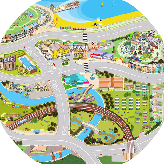 The Bramble on Sea mat is ideal for use with a Tuff Tray and is a busy seaside village with amenities connected by roads to drive toy vehicles along.  Printed onto a high quality, durable vinyl material.  86cm x 86cm (approx )  Designed to fit in the Tuff Tray or the Tuff Spot.