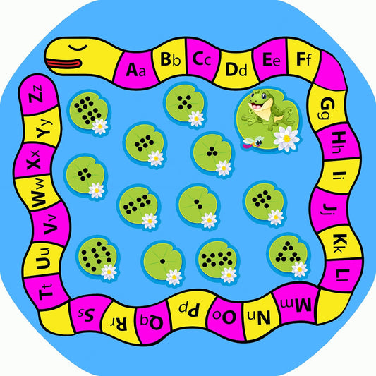 Early literacy and numeracy in one mini tuff tray mat! The alphabet centipede introduces early letter recognition and the lily pads have number dot formations from 1-12.  Hop from pad to pad using two dice (not included) to encourage early numeracy and addition, or find or think of words beginning with the letters on the alphabet centipede!