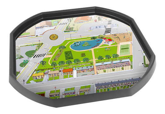 The Bramble Town Tuff Tray Mat depicts an inviting town with a park, playground, rows of houses, a post office, health centre and nursery school, connected by roads to drive toy vehicles along.  Printed onto a high quality, durable vinyl material.  86cm x 86cm (approx )  Designed to fit in the Tuff Tray or the Tuff Spot.